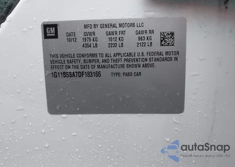 2013 Chevrolet Malibu 1Ls z USA, uszkodzony, nr VIN 1G11B5SA7DF183166